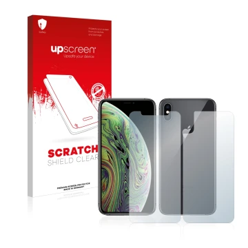 Front side of a product packaging with the brand logo upscreen. Next to it is the device Apple iPhone Xs (Front+Back) shown wi