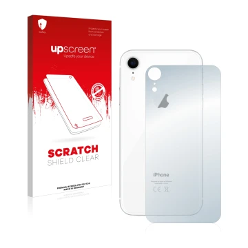 Front side of a product packaging with the brand logo upscreen. Next to it is the device Apple iPhone XR (Back) shown with the