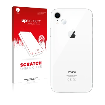 Front side of a product packaging with the brand logo upscreen. Next to it is the device Apple iPhone XR (ONLY Camera Lens) sh