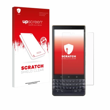 Front side of a product packaging with the brand logo upscreen. Next to it is the device BlackBerry Key2 LE shown with the cor