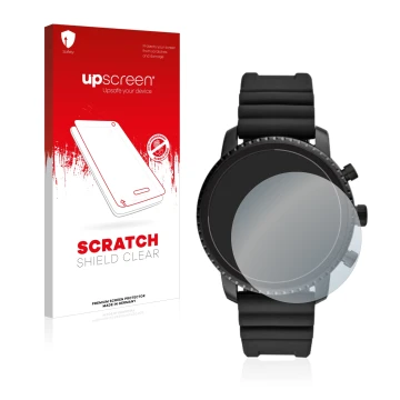 Front side of a product packaging with the brand logo upscreen. Next to it is the device Fossil Q Explorist HR (4.Gen) shown w