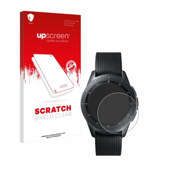 Front side of a product packaging with the brand logo upscreen. Next to it is the device Samsung Galaxy Watch (42 mm) shown wi