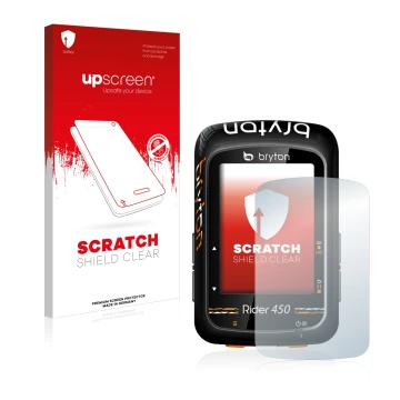 Front side of a product packaging with the brand logo upscreen. Next to it is the device Bryton Rider 450 shown with the corre