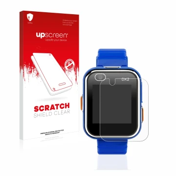 Front side of a product packaging with the brand logo upscreen. Next to it is the device Vtech Kidizoom Smart Watch DX2 shown 