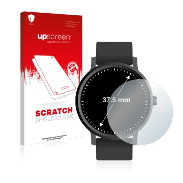 Front side of a product packaging with the brand logo upscreen. Next to it is the device Watches (Circular, ø: 37.5 mm) shown 