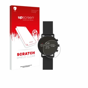 Front side of a product packaging with the brand logo upscreen. Next to it is the device Skagen Smartwatch Falster 2 shown wit