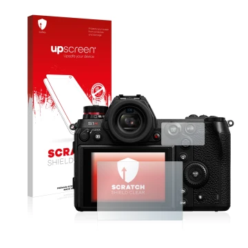 Front side of a product packaging with the brand logo upscreen. Next to it is the device Panasonic Lumix DC-S1R shown with the