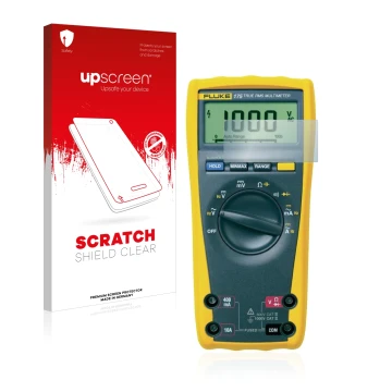 Front side of a product packaging with the brand logo upscreen. Next to it is the device Fluke MultiMeter 175 shown with the c