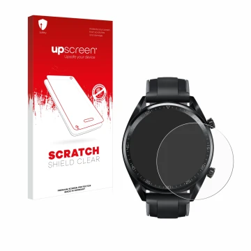 Front side of a product packaging with the brand logo upscreen. Next to it is the device Huawei Watch GT (46 mm) 2018 shown wi