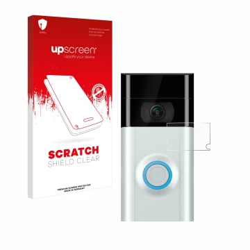 Front side of a product packaging with the brand logo upscreen. Next to it is the device Ring Doorbell 2 (Lens) shown with the