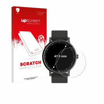 Front side of a product packaging with the brand logo upscreen. Next to it is the device Watches (Circular, ø: 41.5 mm) shown 