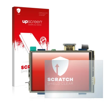 Front side of a product packaging with the brand logo upscreen. Next to it is the device Raspberry Pi Touchscreen (3.5