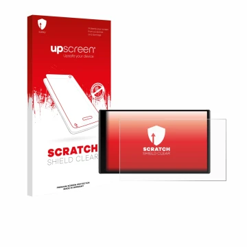 Front side of a product packaging with the brand logo upscreen. Next to it is the device Garmin DriveTrack 71 shown with the c