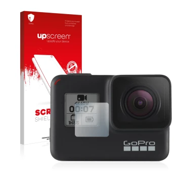 Front side of a product packaging with the brand logo upscreen. Next to it is the device GoPro Hero 7 Black (Front display) sh