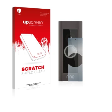 Front side of a product packaging with the brand logo upscreen. Next to it is the device Ring Video Doorbell Pro shown with th