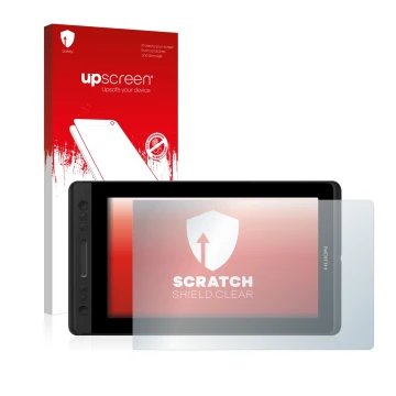 Front side of a product packaging with the brand logo upscreen. Next to it is the device Huion Kamvas Pro 13 shown with the co