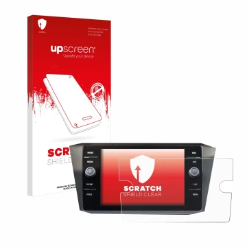 Front side of a product packaging with the brand logo upscreen. Next to it is the device Volkswagen Tiguan Discover Media 8