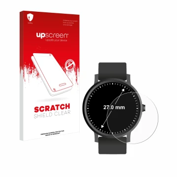 Front side of a product packaging with the brand logo upscreen. Next to it is the device Circular Displays (ø: 27 mm) shown wi