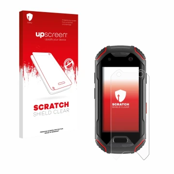 Front side of a product packaging with the brand logo upscreen. Next to it is the device Unihertz Atom shown with the correspo