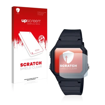 Front side of a product packaging with the brand logo upscreen. Next to it is the device Casio Unisex A168WA-1YES shown with t