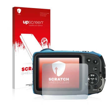 Front side of a product packaging with the brand logo upscreen. Next to it is the device Fujifilm FinePix XP140 shown with the