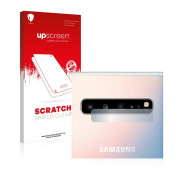 Front side of a product packaging with the brand logo upscreen. Next to it is the device Samsung Galaxy S10 5G (ONLY Camera Le