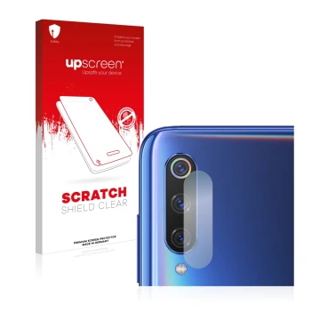 Front side of a product packaging with the brand logo upscreen. Next to it is the device Xiaomi Mi 9 (ONLY Camera Lens) shown 