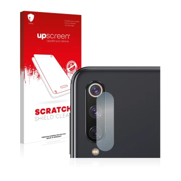 Front side of a product packaging with the brand logo upscreen. Next to it is the device Xiaomi Mi 9 SE (ONLY Camera Lens) sho
