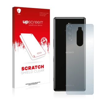 Front side of a product packaging with the brand logo upscreen. Next to it is the device Sony Xperia 1 (Back) shown with the c