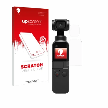 Front side of a product packaging with the brand logo upscreen. Next to it is the device DJI Osmo Pocket (Display + Lens) show