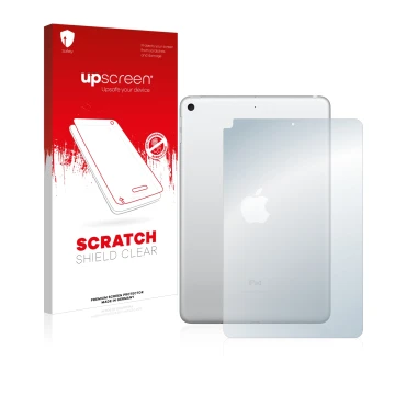 Front side of a product packaging with the brand logo upscreen. Next to it is the device Apple iPad Mini 5 2019 (Back, 5th Gen