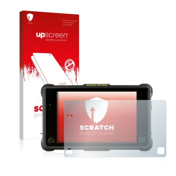 Front side of a product packaging with the brand logo upscreen. Next to it is the device Atomos Shogun Inferno shown with the 
