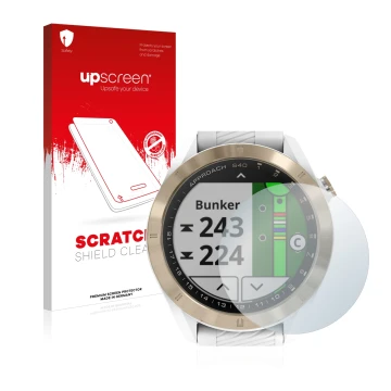 Front side of a product packaging with the brand logo upscreen. Next to it is the device Garmin Approach S40 shown with the co