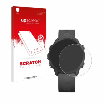 Front side of a product packaging with the brand logo upscreen. Next to it is the device Garmin Forerunner 245 Music shown wit