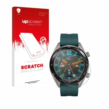 Front side of a product packaging with the brand logo upscreen. Next to it is the device Huawei Watch GT Active shown with the