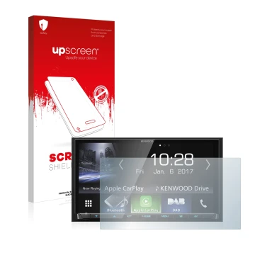 Front side of a product packaging with the brand logo upscreen. Next to it is the device Kenwood DMX7017DABS shown with the co