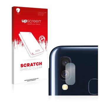 Front side of a product packaging with the brand logo upscreen. Next to it is the device Samsung Galaxy A40 (ONLY Camera Lens)
