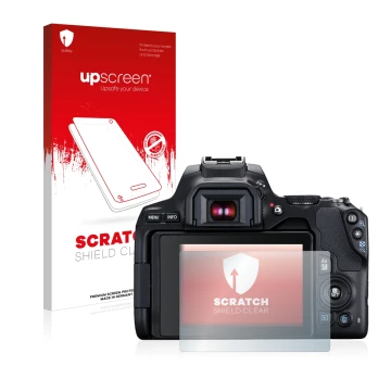 Front side of a product packaging with the brand logo upscreen. Next to it is the device Canon EOS 250D shown with the corresp