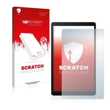 Front side of a product packaging with the brand logo upscreen. Next to it is the device Samsung Galaxy Tab A 10.1 2019 shown 
