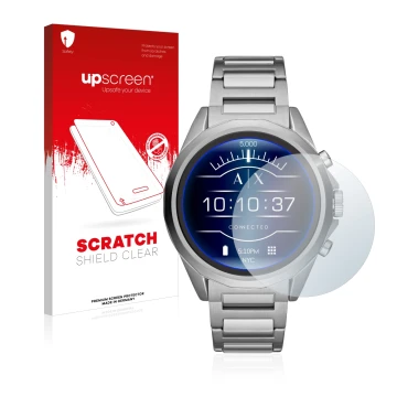 Front side of a product packaging with the brand logo upscreen. Next to it is the device Emporio Armani Connected Exchange AXT