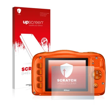 Front side of a product packaging with the brand logo upscreen. Next to it is the device Nikon Coolpix W150 shown with the cor