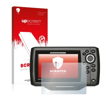 Front side of a product packaging with the brand logo upscreen. Next to it is the device Humminbird Helix 5 shown with the cor