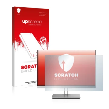 Front side of a product packaging with the brand logo upscreen. Next to it is the device HP EliteDisplay E243i shown with the 