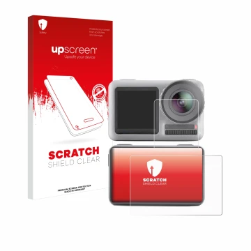 Front side of a product packaging with the brand logo upscreen. Next to it is the device DJI Osmo Action shown with the corres