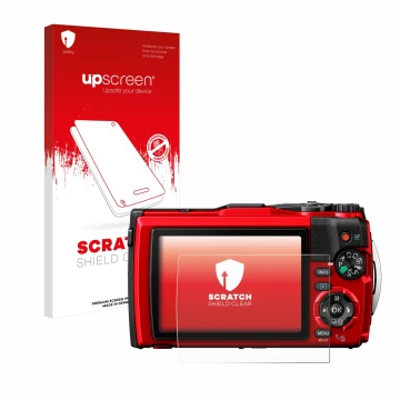 Front side of a product packaging with the brand logo upscreen. Next to it is the device Olympus Tough TG-6 shown with the cor