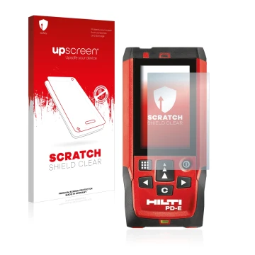 Front side of a product packaging with the brand logo upscreen. Next to it is the device Hilti PD-E shown with the correspondi