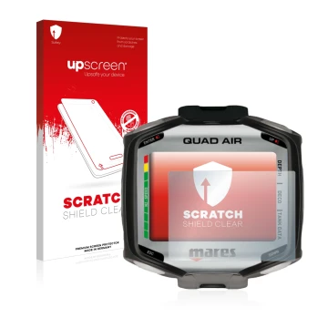 Front side of a product packaging with the brand logo upscreen. Next to it is the device Mares Quad Air shown with the corresp