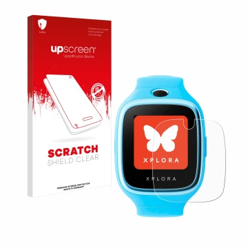 Front side of a product packaging with the brand logo upscreen. Next to it is the device Xplora Go shown with the correspondin
