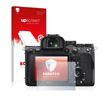 Front side of a product packaging with the brand logo upscreen. Next to it is the device Sony Alpha 7R IV shown with the corre