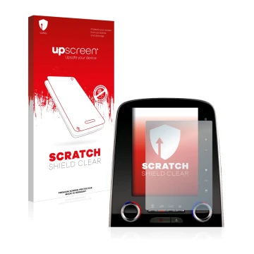 Front side of a product packaging with the brand logo upscreen. Next to it is the device Renault Scenic R-Link 2 8.7